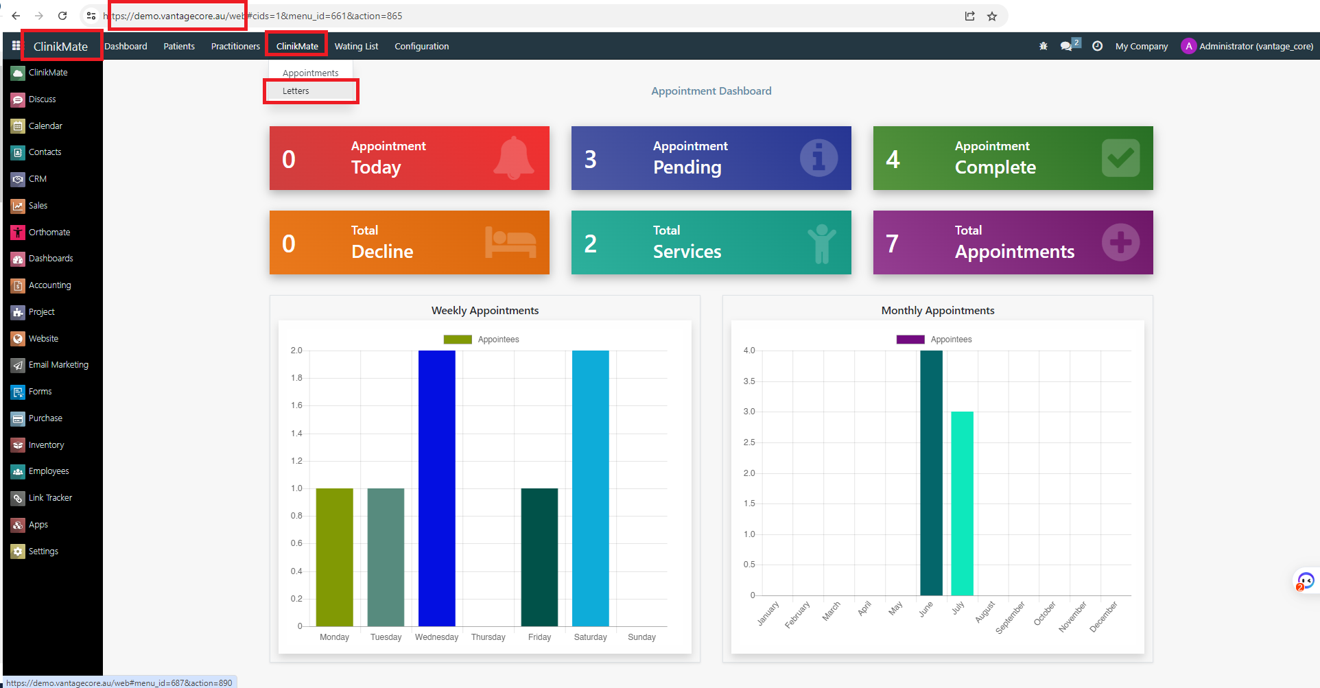 Clinikmate Letters Menu