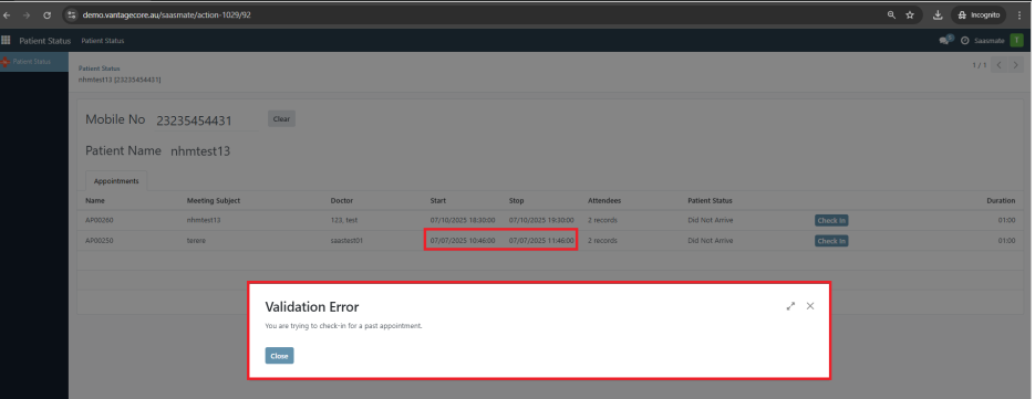 Past Appointment Warning